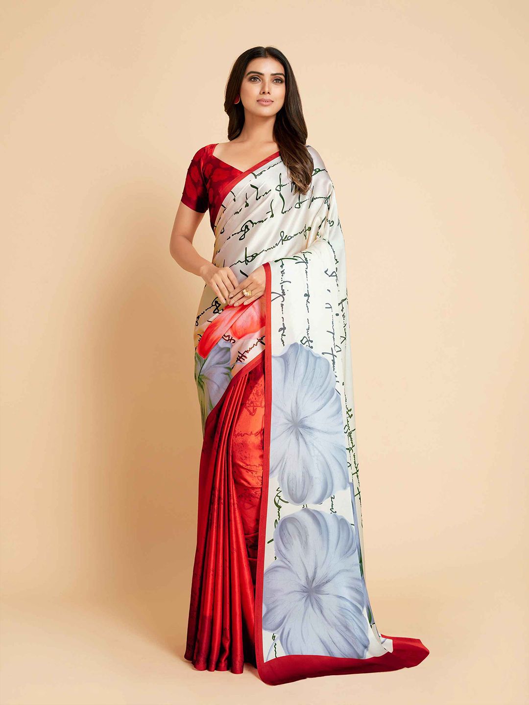 all about you Red & Grey Floral Satin Saree Price in India