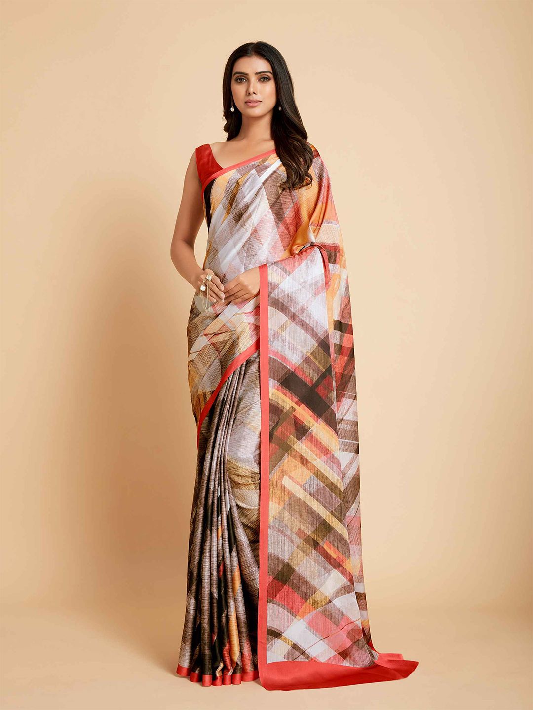 all about you Coffee Brown & Red Satin Saree Price in India