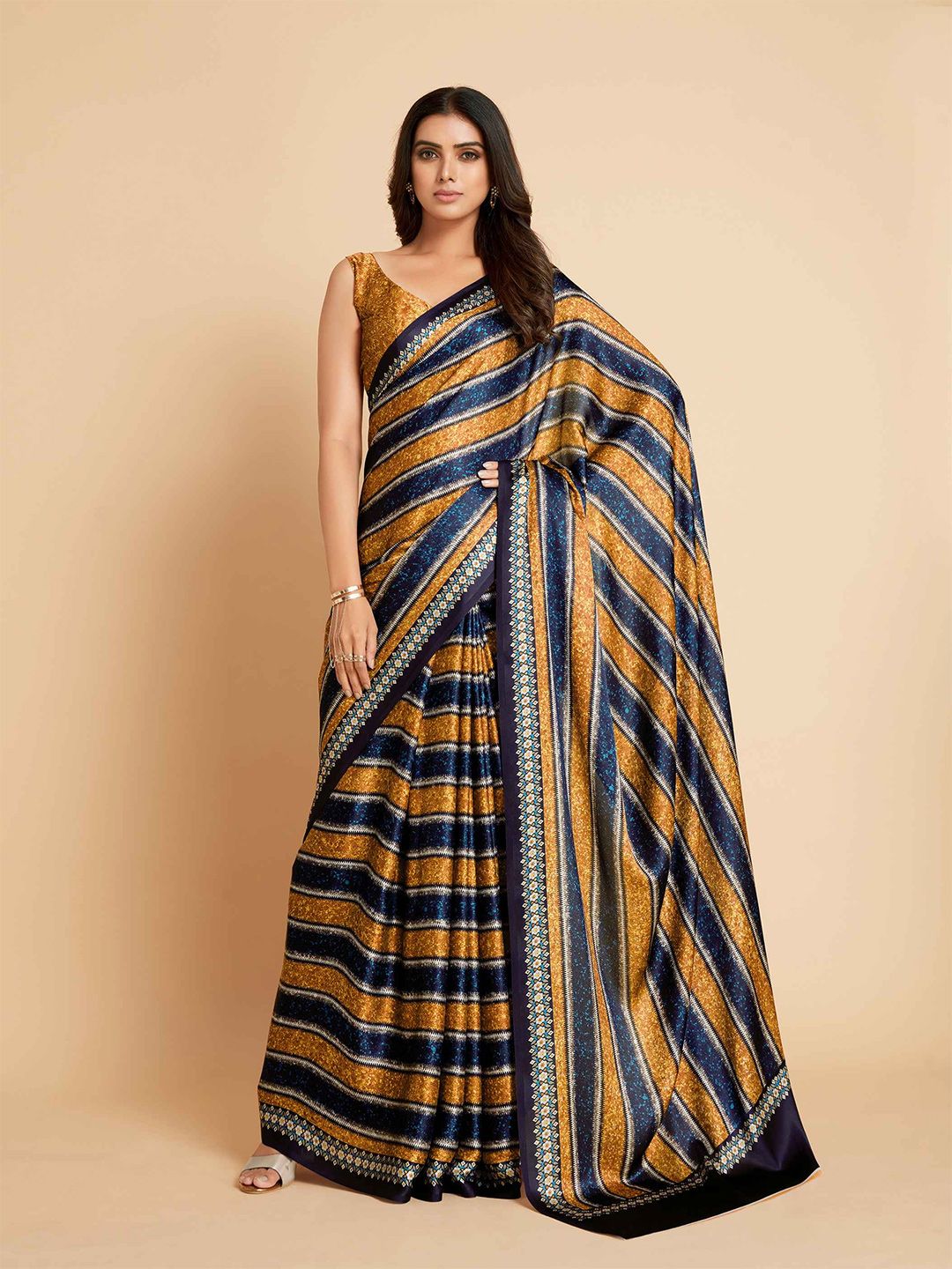 all about you Gold-Toned & Blue Striped Satin Saree Price in India