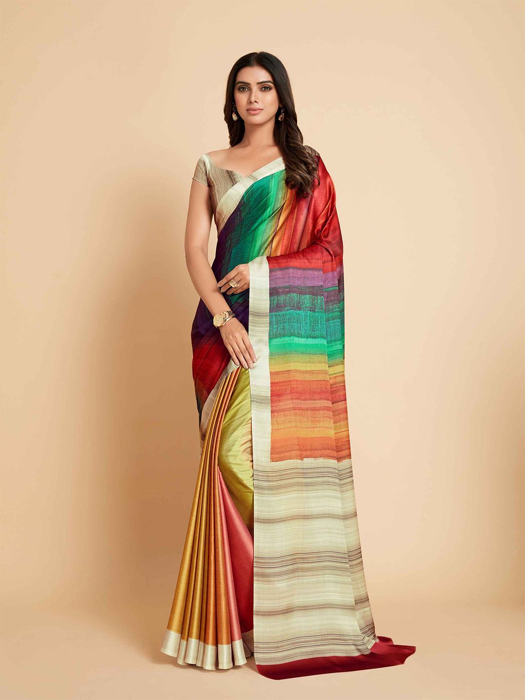 all about you Gold-Toned & Red Colourblocked Satin Saree Price in India