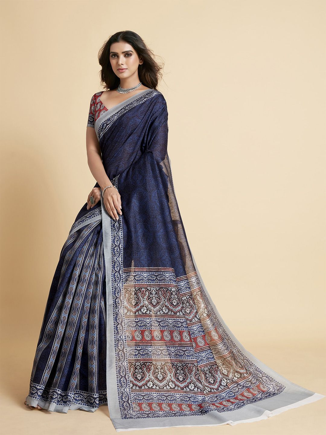 all about you Navy Blue & Red Paisley Silk Cotton Saree Price in India