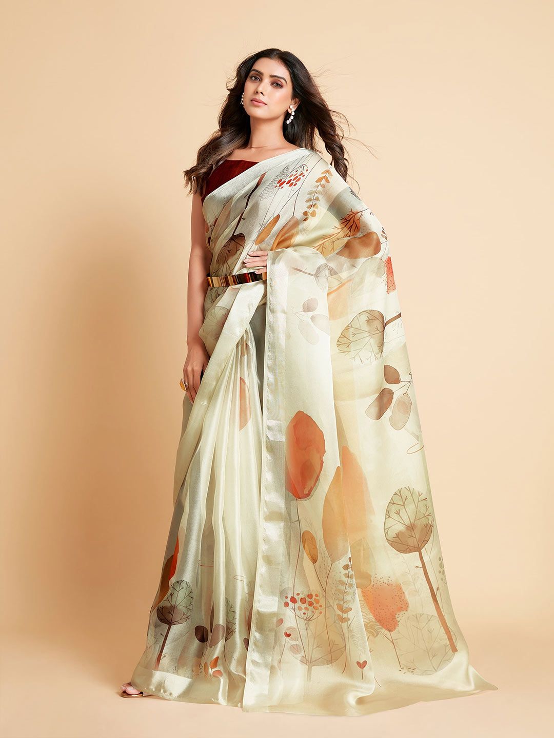 all about you Off White & Green Floral Organza Saree Price in India