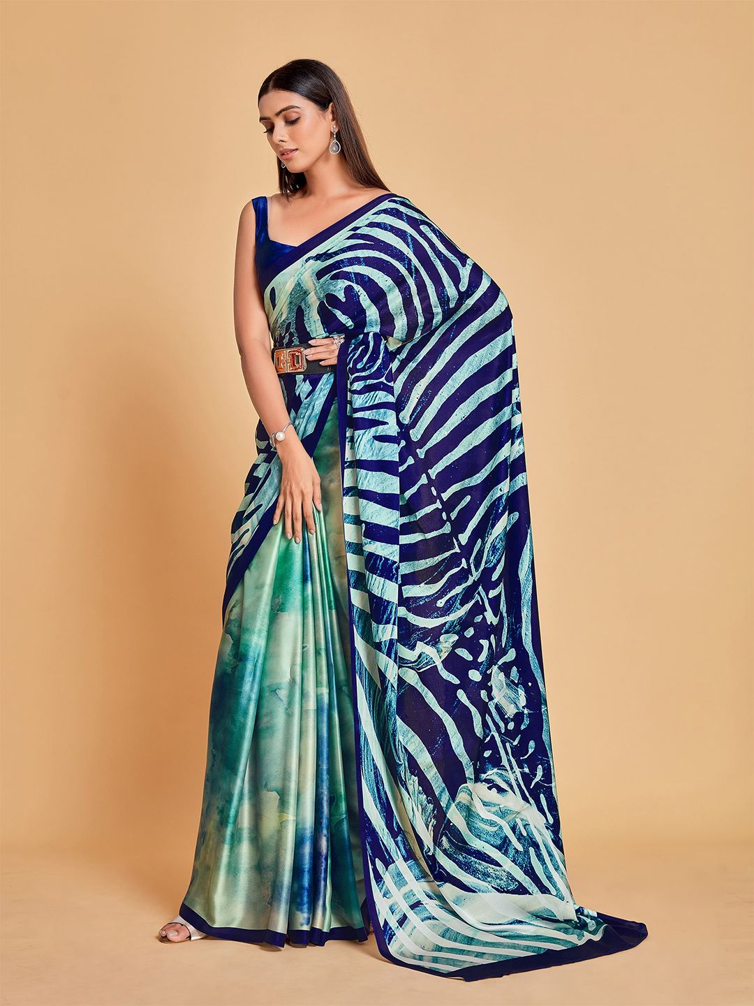 all about you Navy Blue & Blue Tie and Dye Satin Saree Price in India
