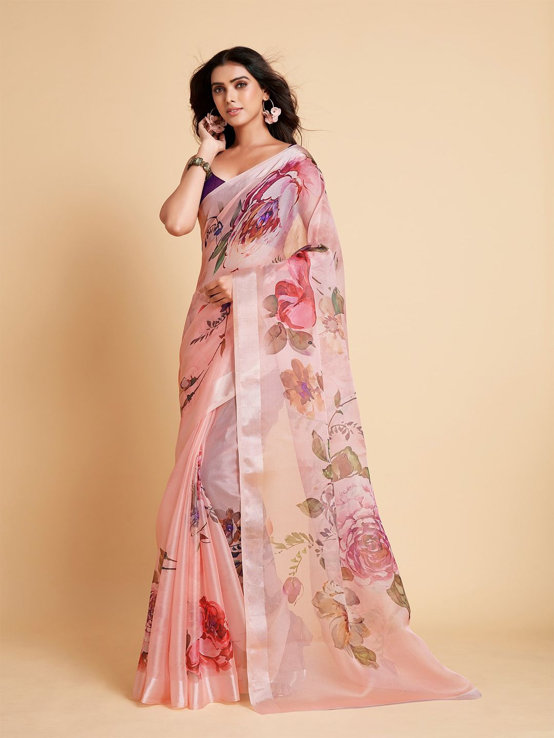 all about you Peach-Coloured & Green Floral Organza Saree Price in India
