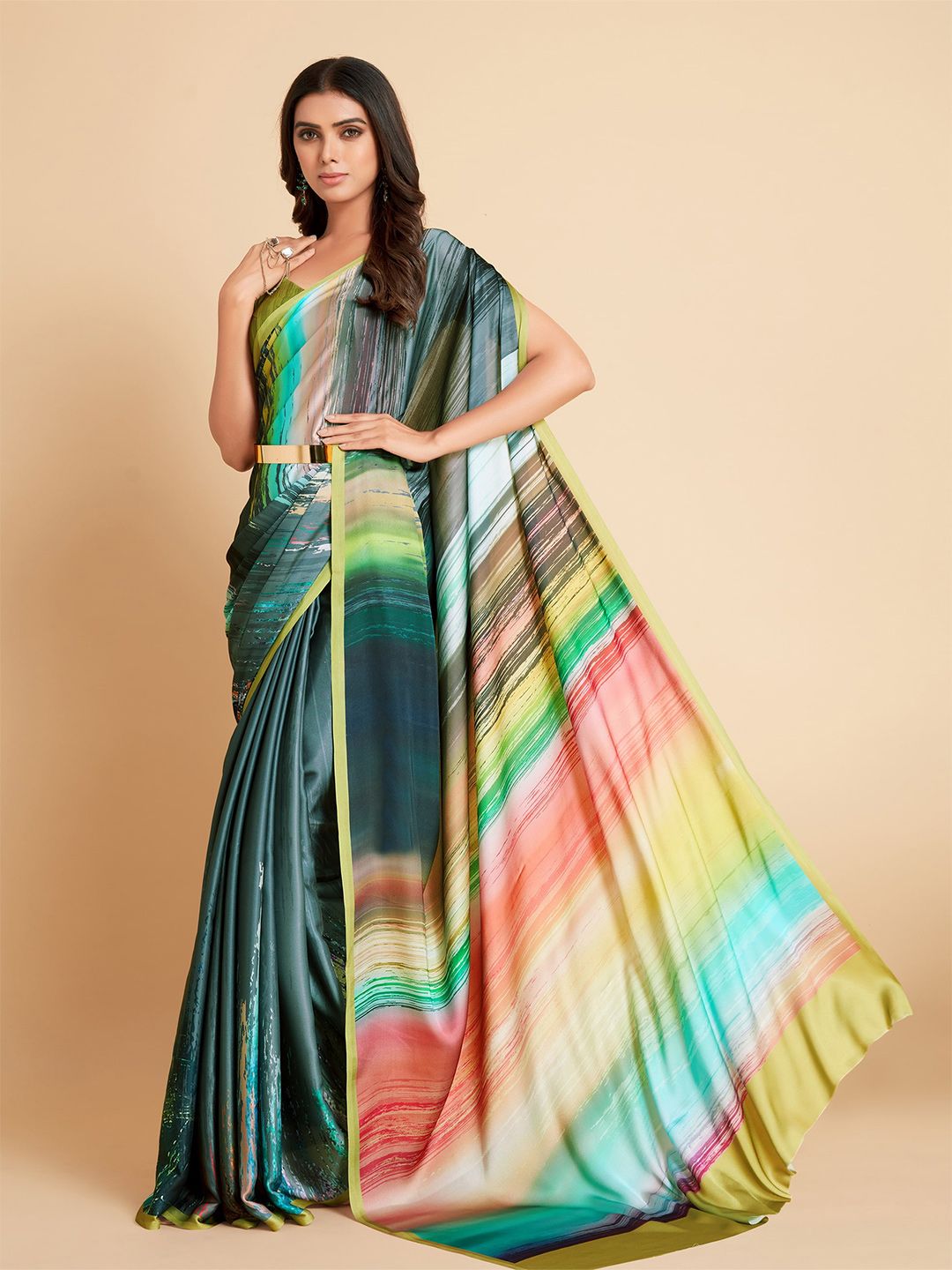 all about you Grey & Red Tie and Dye Satin Saree Price in India