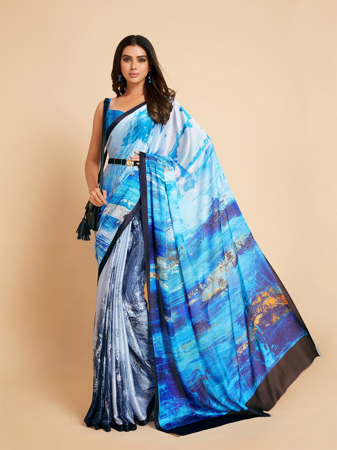 all about you Blue & Black Satin Saree Price in India