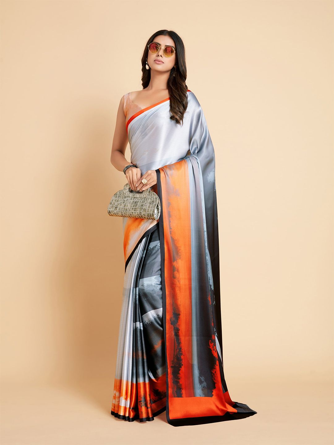 all about you Steel & White Tie and Dye Satin Saree Price in India