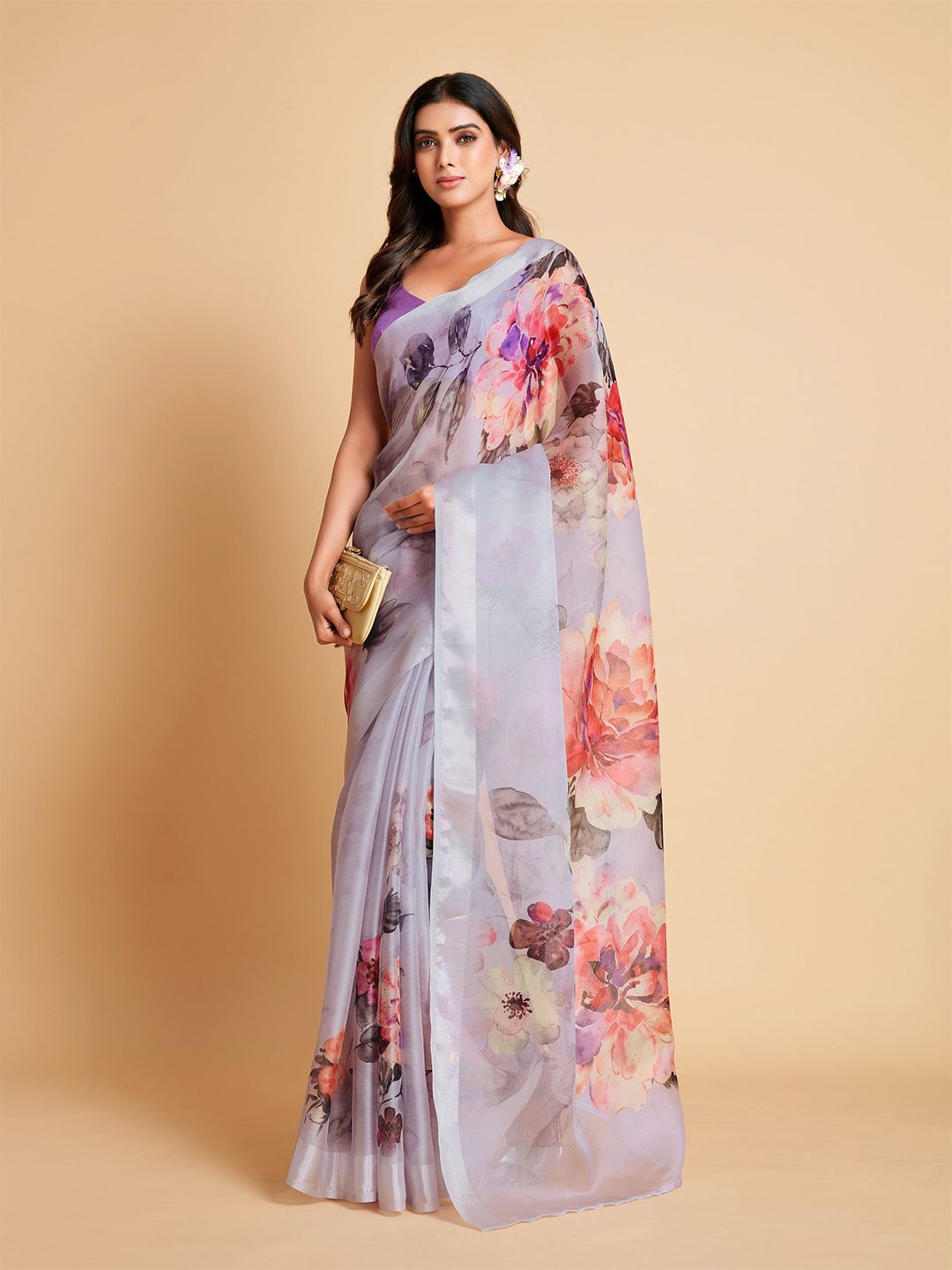 all about you Violet & Red Floral Organza Saree Price in India