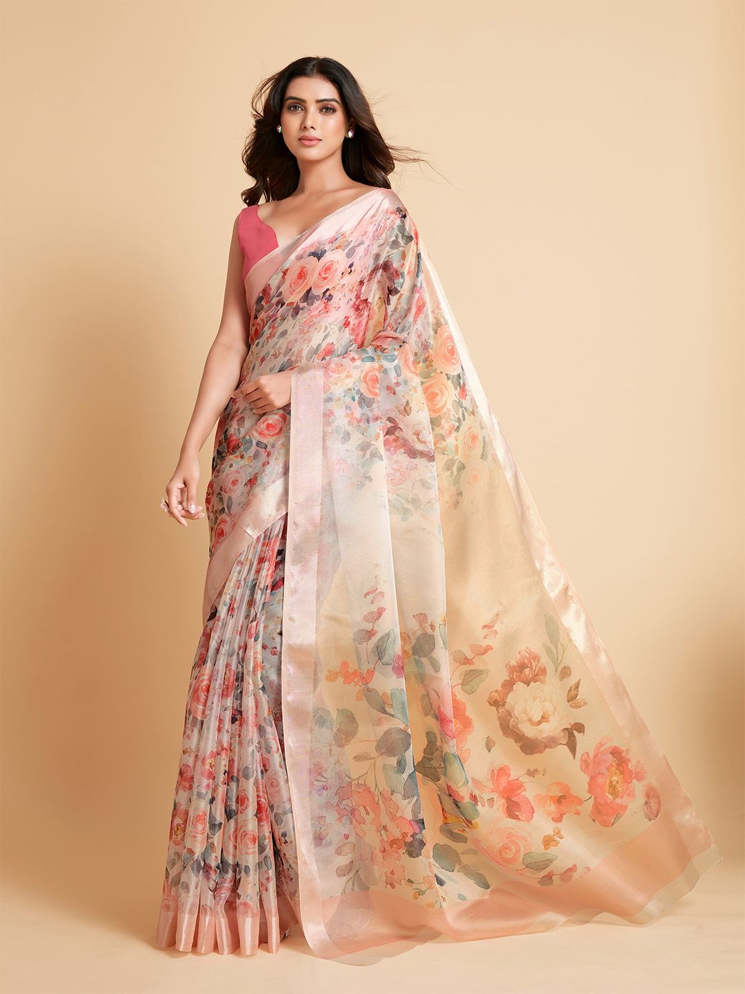 all about you Pink & Grey Floral Organza Saree Price in India