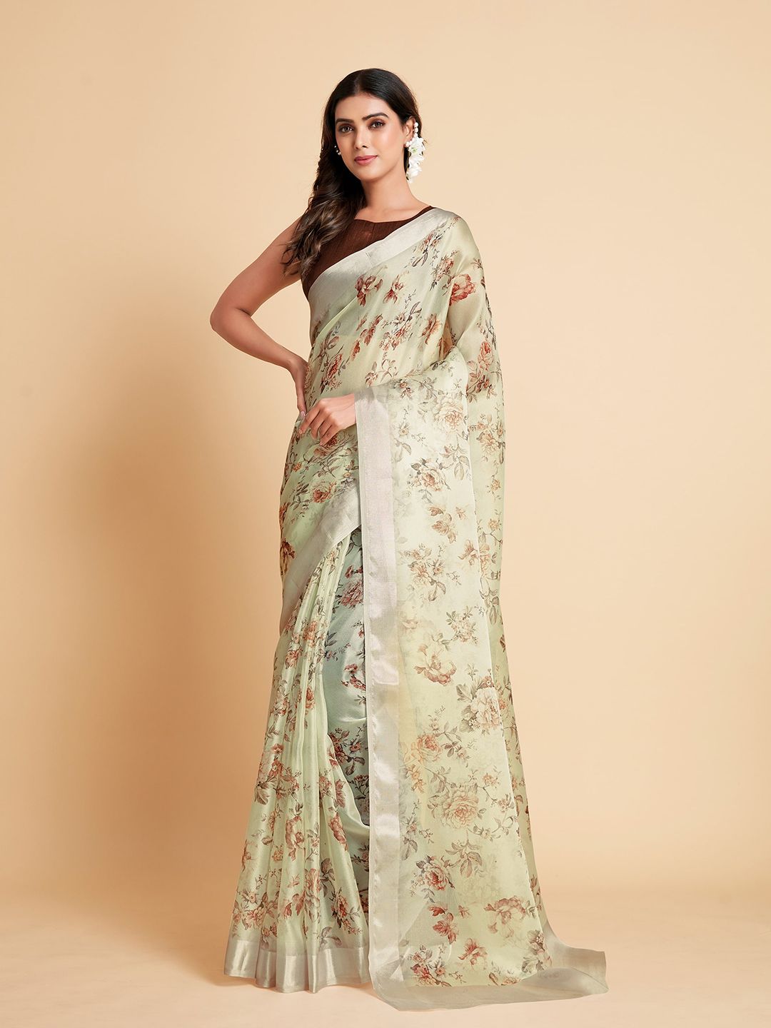 all about you Cream-Coloured & Brown Floral Organza Saree Price in India