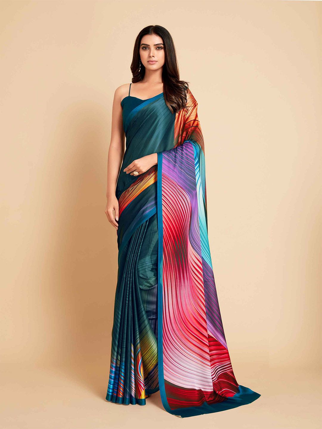 all about you Navy Blue & Red Satin Ready to Wear Saree Price in India