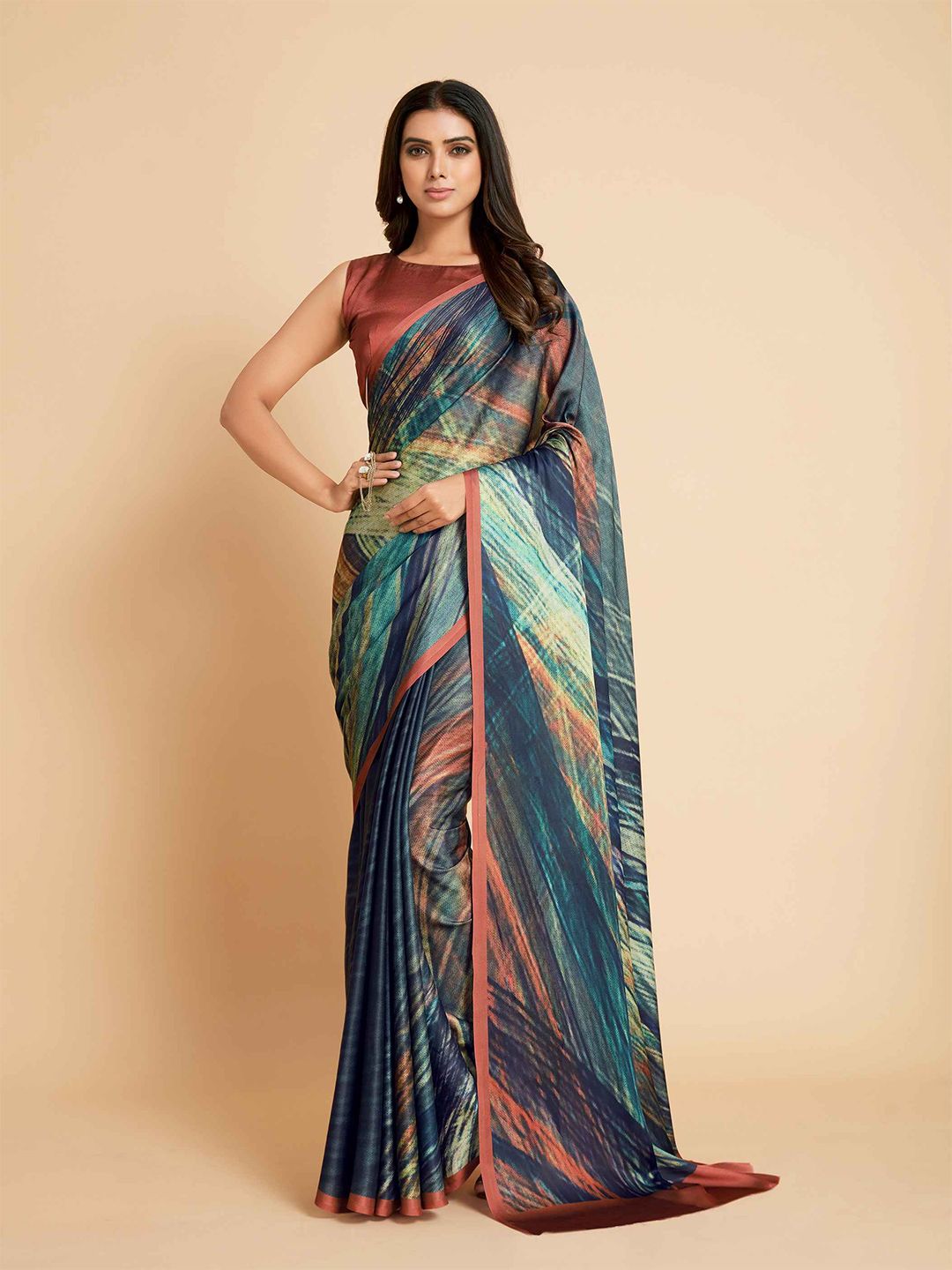 all about you Green & Red Tie and Dye Satin Saree Price in India