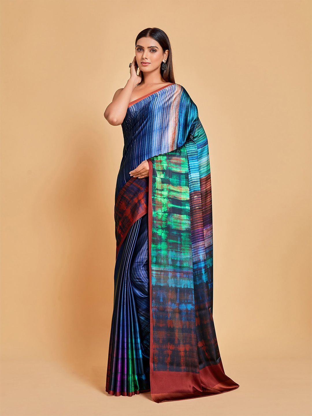 all about you Navy Blue & Brown Satin Ready to Wear Saree Price in India