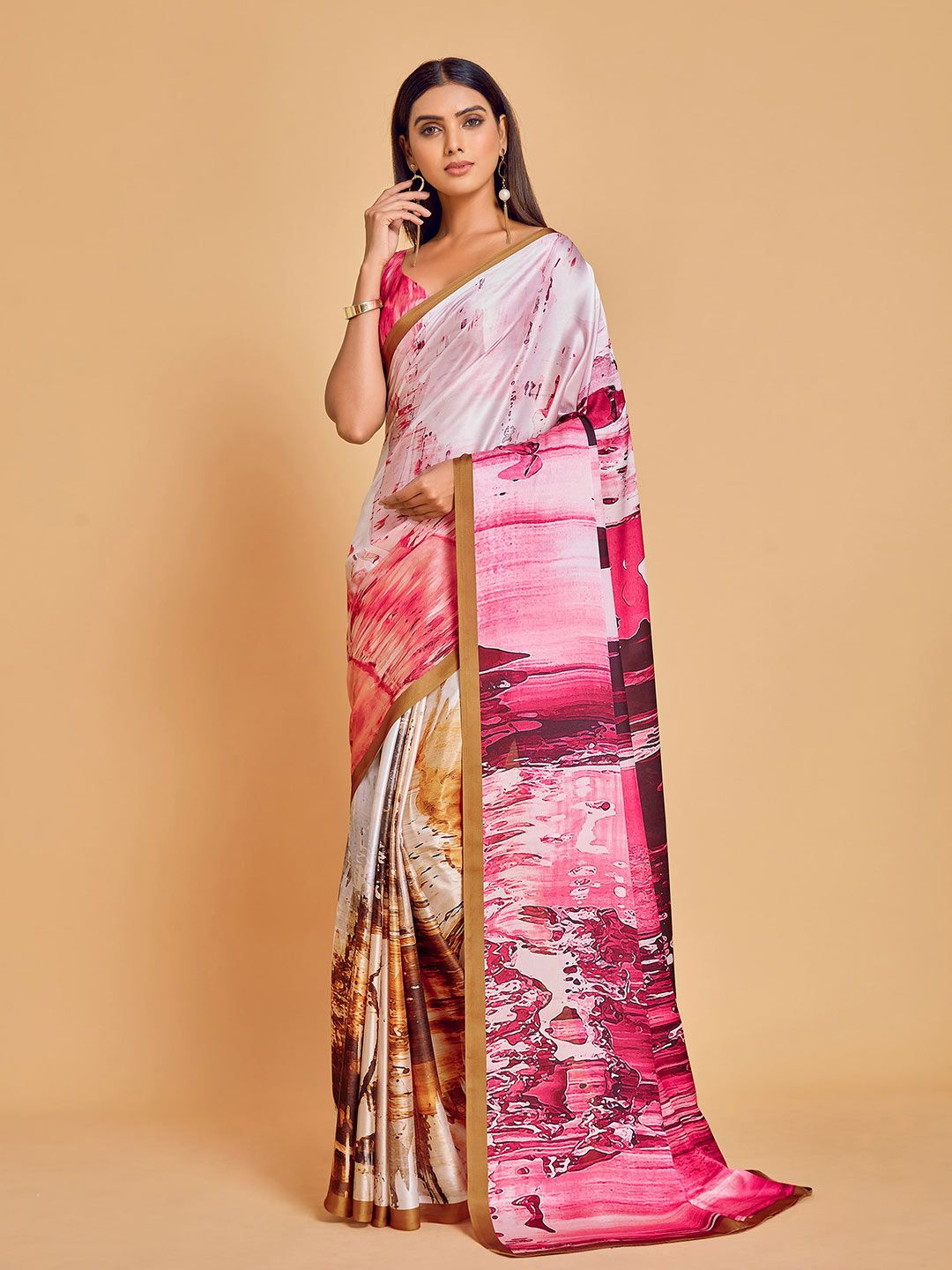 all about you Pink & Red Tie and Dye Satin Saree Price in India