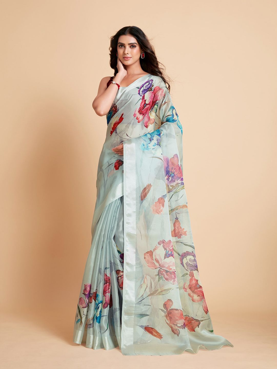 all about you Blue & Pink Floral Organza Ready to Wear Saree Price in India
