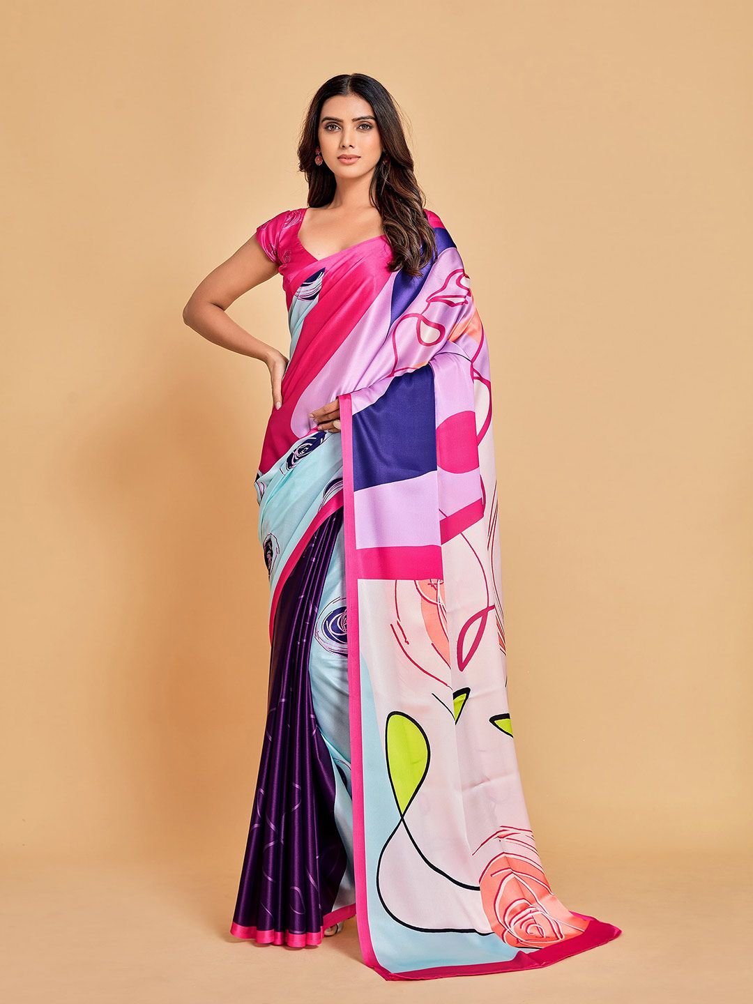 all about you Pink & Blue Satin Ready to Wear Saree Price in India