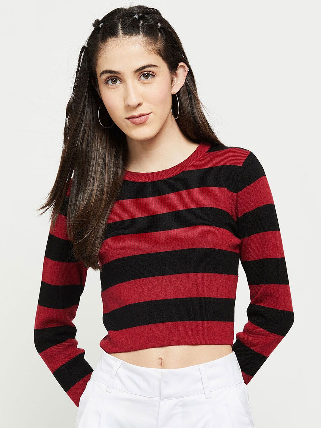 max Red and Black Striped Crop Top Price in India