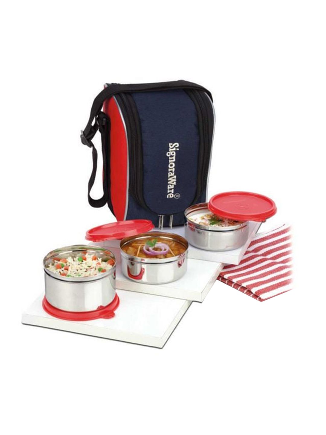SignoraWare Red & Silver-Toned Solid Steel Lunch Box Price in India