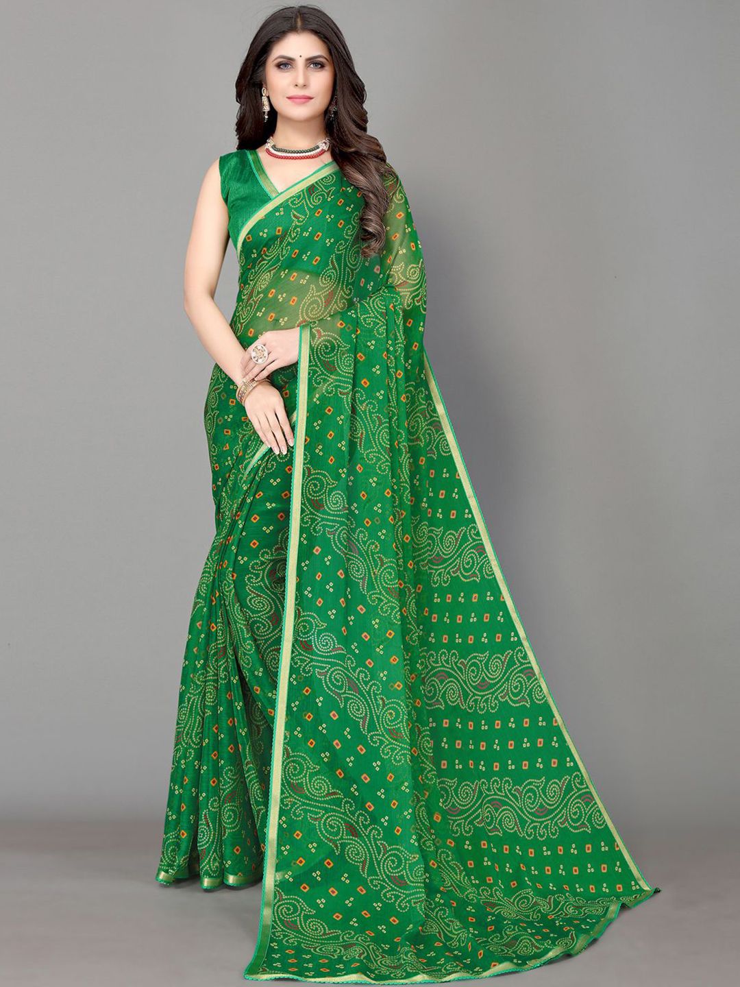 KALINI Green & White Bandhani Zari Bandhani Saree Price in India