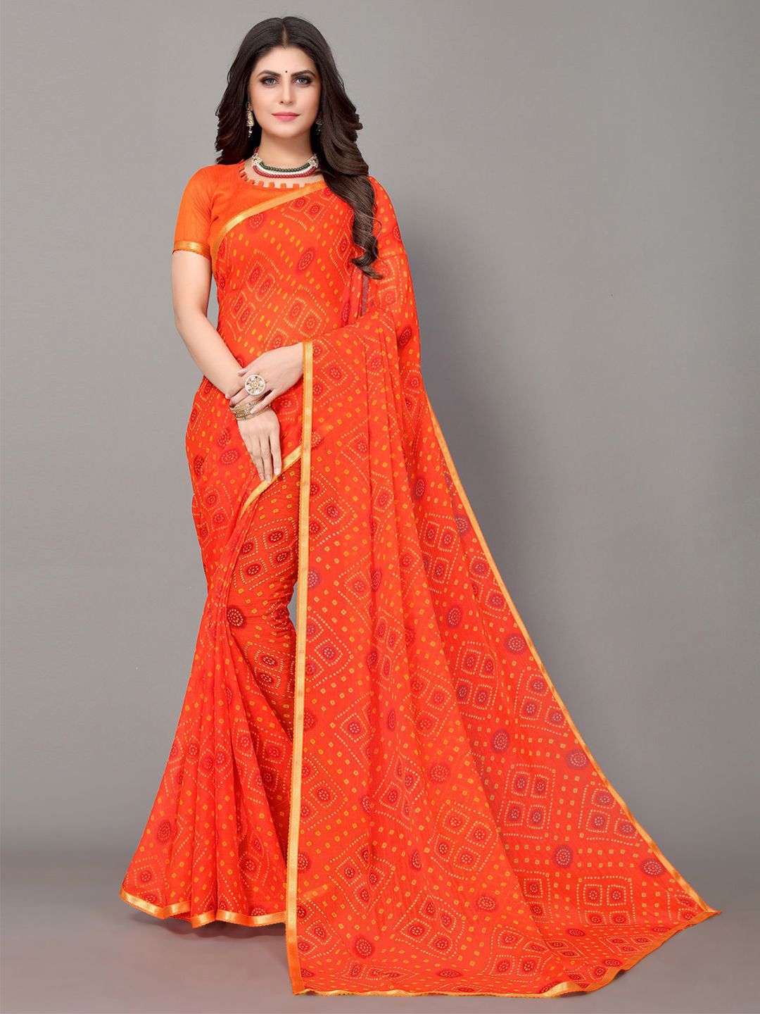 KALINI Orange & Yellow Bandhani Zari Bandhani Saree Price in India