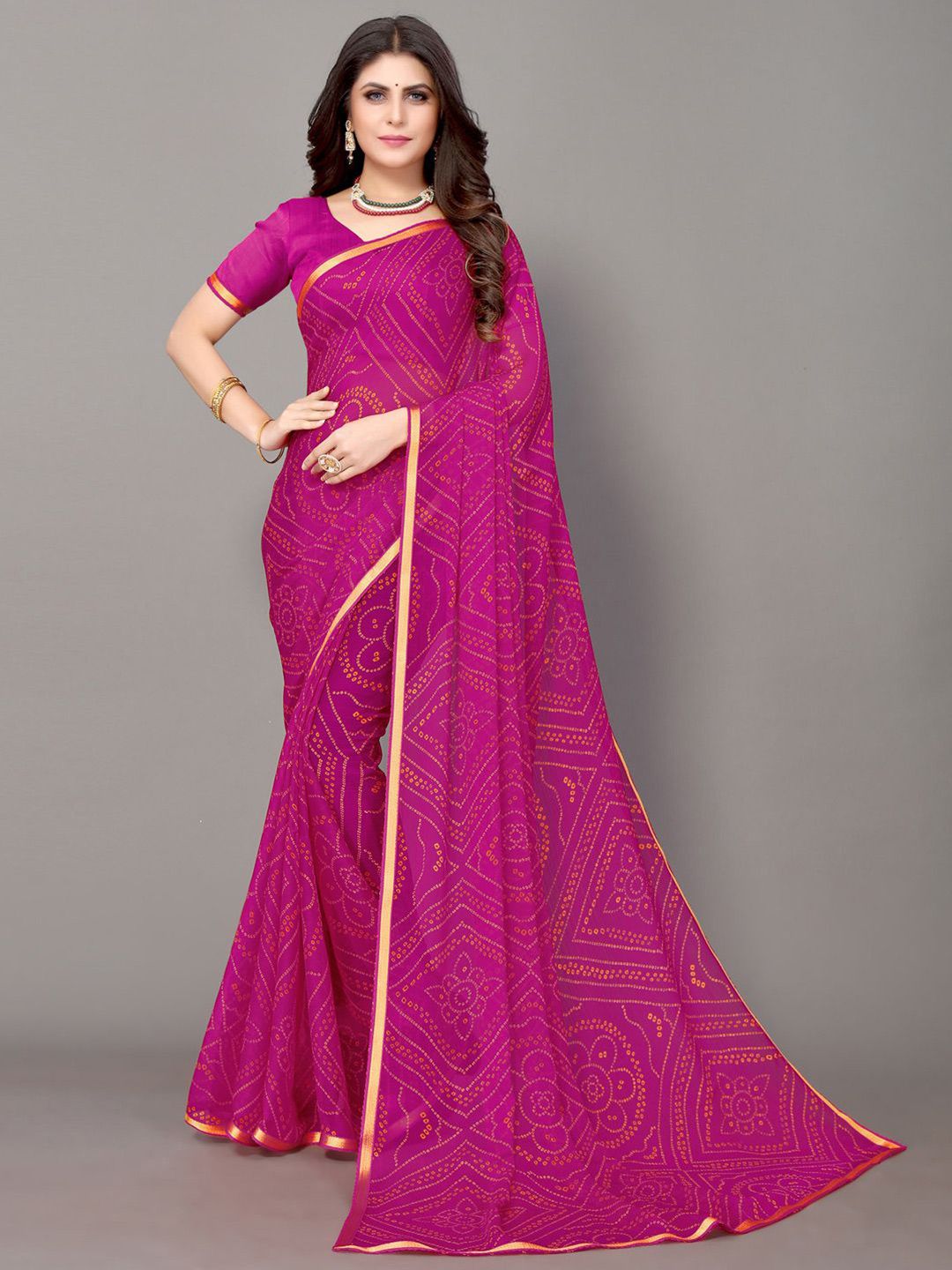 KALINI Pink & Gold-Toned Bandhani Zari Bandhani Saree Price in India