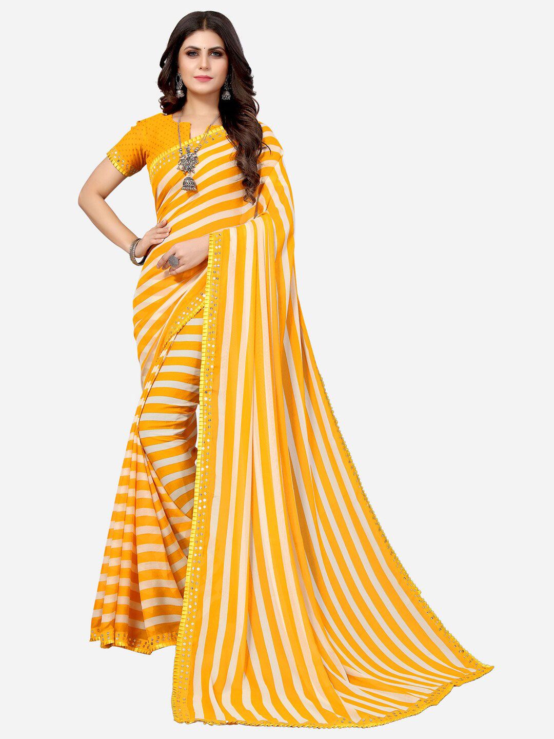 KALINI Yellow & White Leheriya Mirror Work Leheriya Saree Price in India