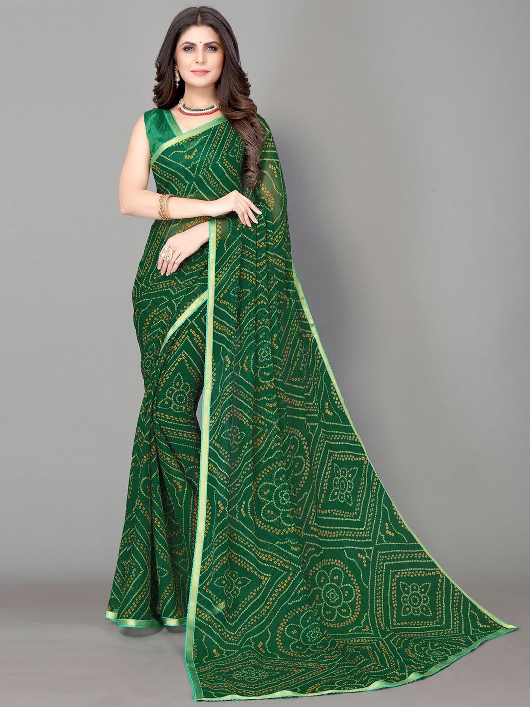 KALINI Green & Yellow Bandhani Zari Bandhani Saree Price in India
