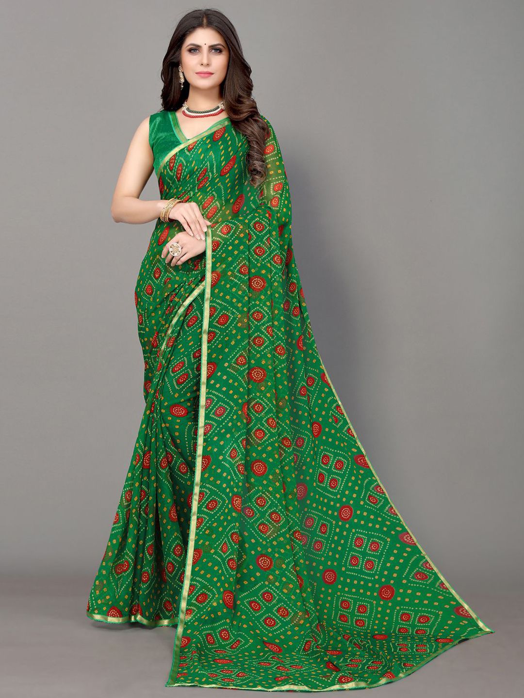 KALINI Green & Yellow Bandhani Zari Bandhani Saree Price in India