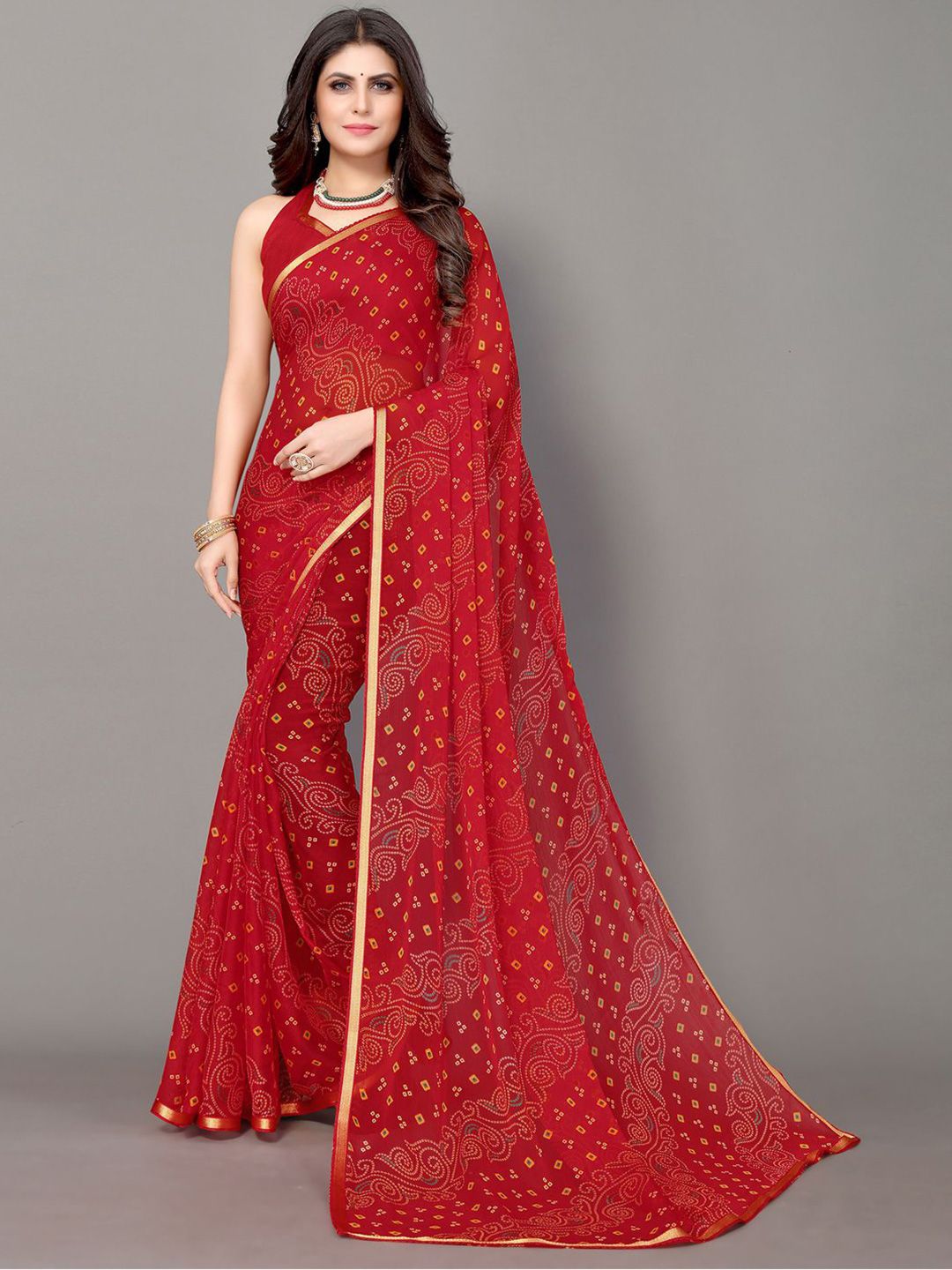 KALINI Red & Yellow Bandhani Zari Bandhani Saree Price in India