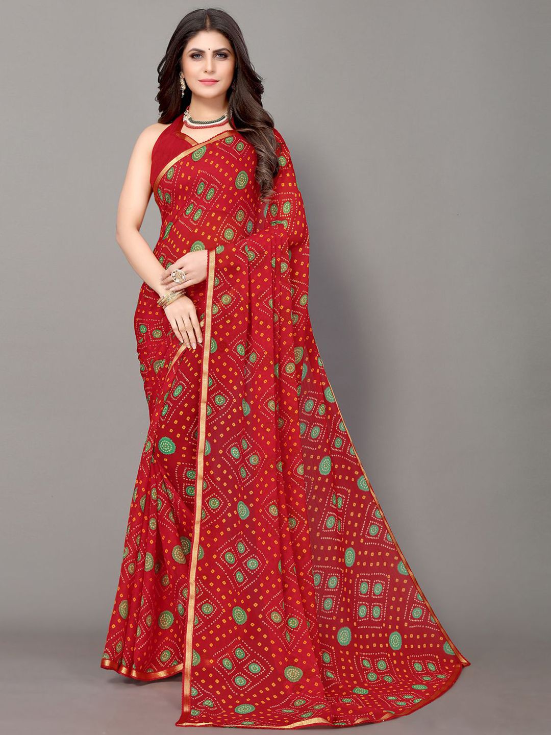 KALINI Red & Green Bandhani Zari Bandhani Saree Price in India