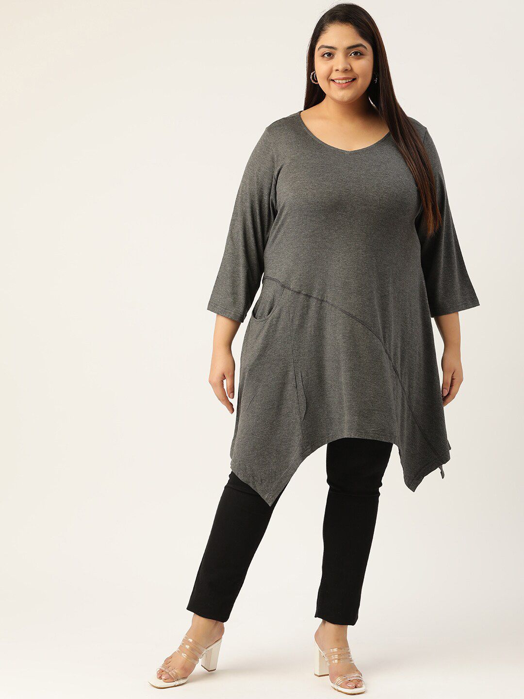 theRebelinme Plus Size Women's Charcoal Grey Solid Color Asymmetrical Longline Knitted Top Price in India