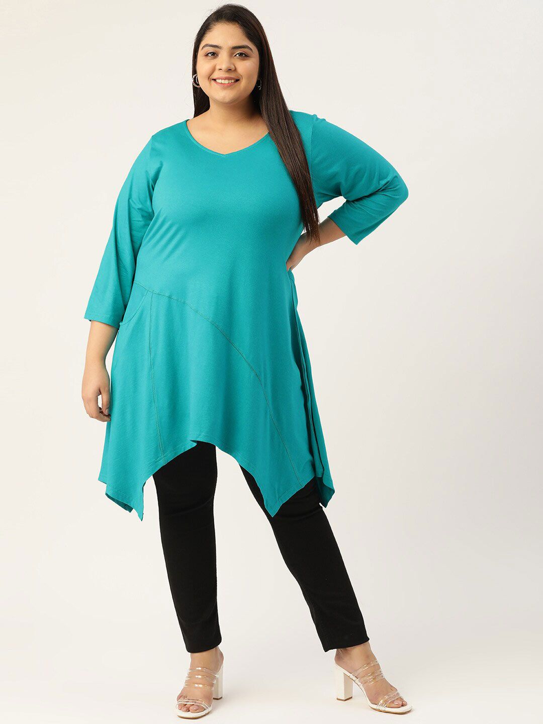 theRebelinme Plus Size Women Turquoise Blue Asymmetrical Longline Top Price in India