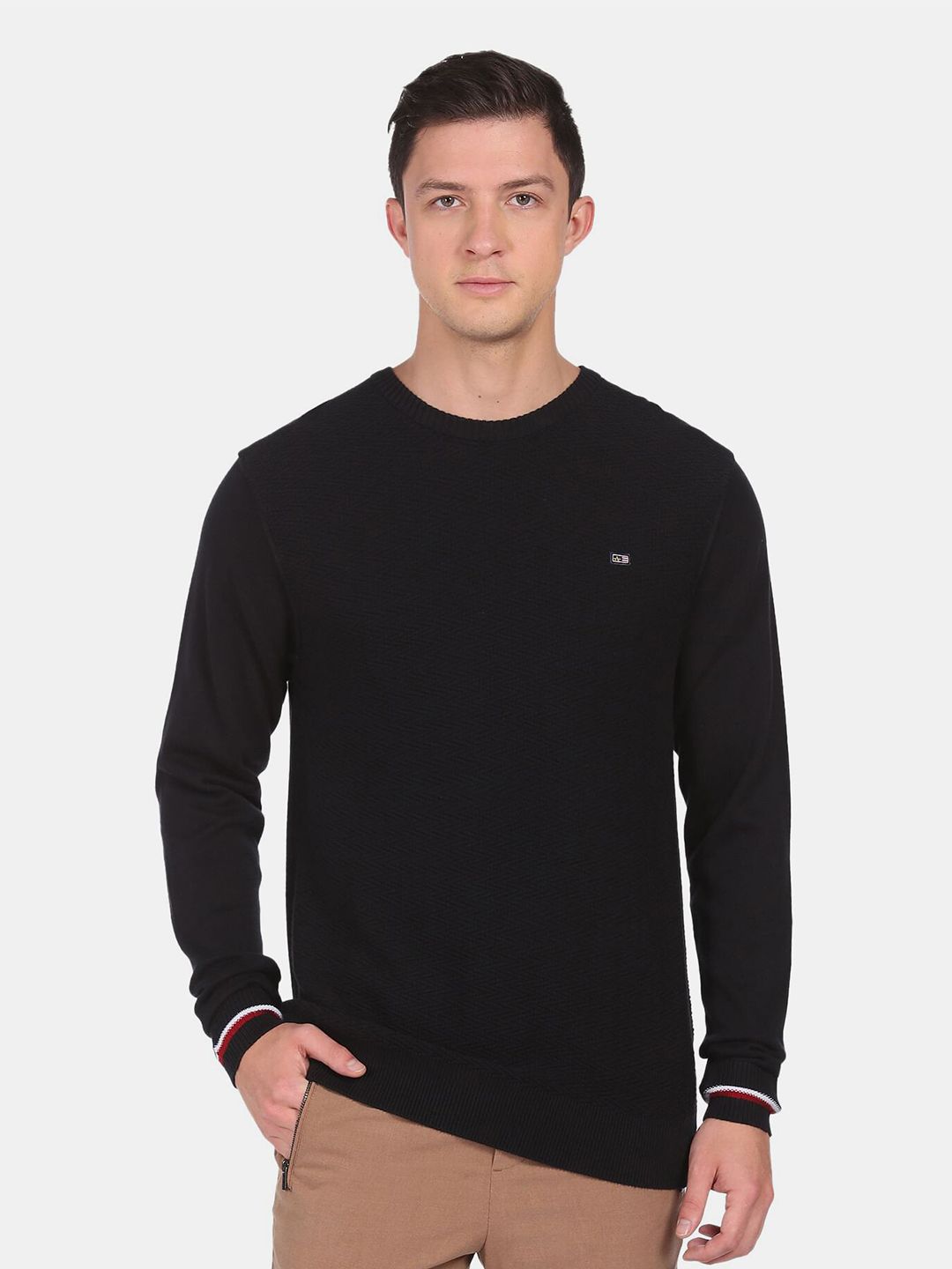 Arrow Sport Men Black Solid Round Neck Cotton Pullover
