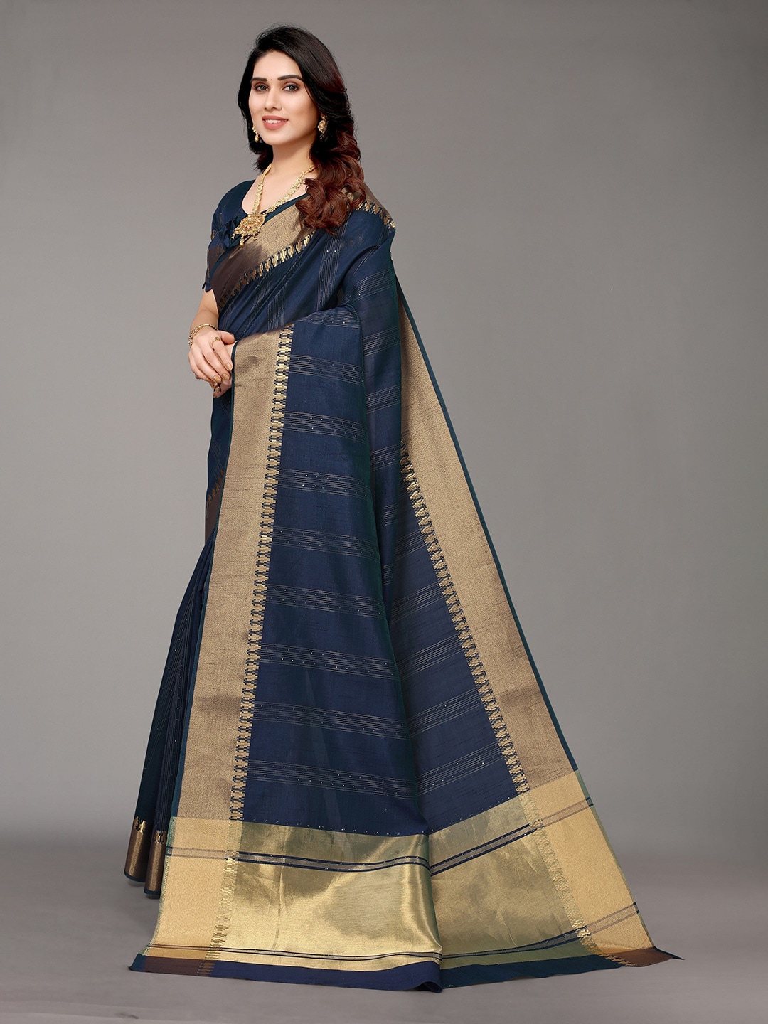 Winza Designer Navy Blue & Gold-Toned Woven Design Zari Silk Blend Banarasi Saree Price in India
