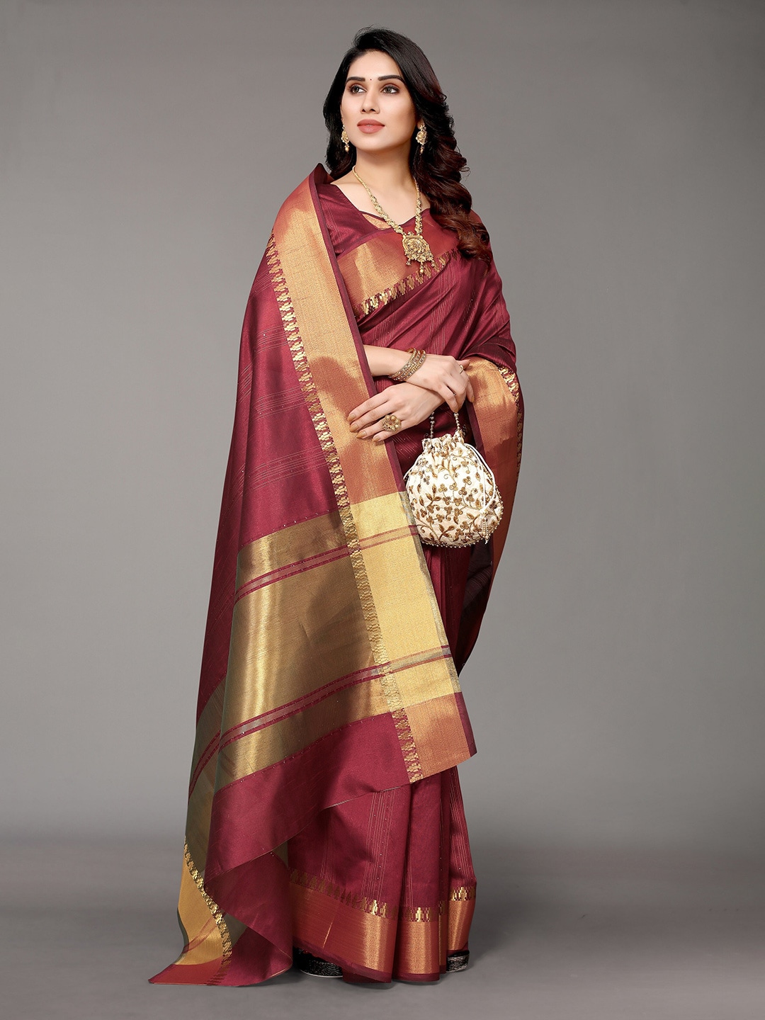 Winza Designer Burgundy & Grey Woven Design Zari Silk Blend Banarasi Saree Price in India