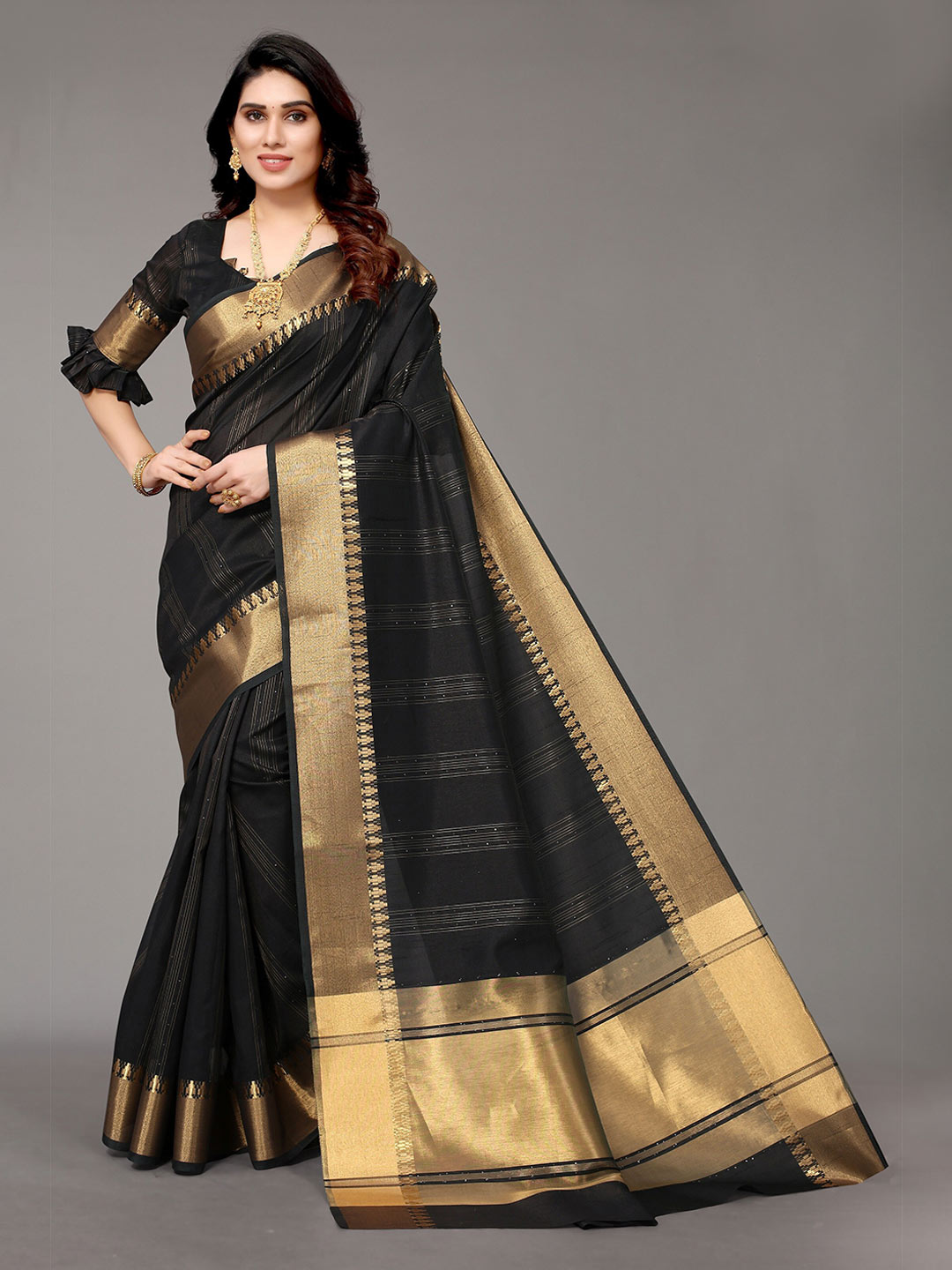 Winza Designer Black & Gold-Toned Woven Design Zari Silk Blend Banarasi Saree Price in India