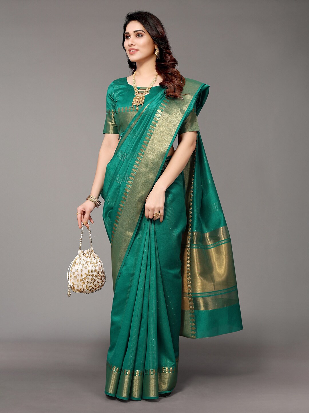 Winza Designer Sea Green & Gold-Toned Woven Design Zari Silk Blend Banarasi Saree Price in India