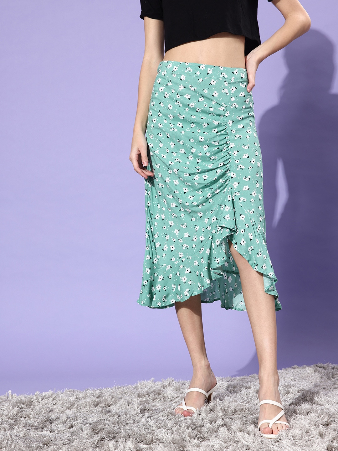 Mast & Harbour Women Sea Green Floral Print Wrap Straight Skirt Price in India
