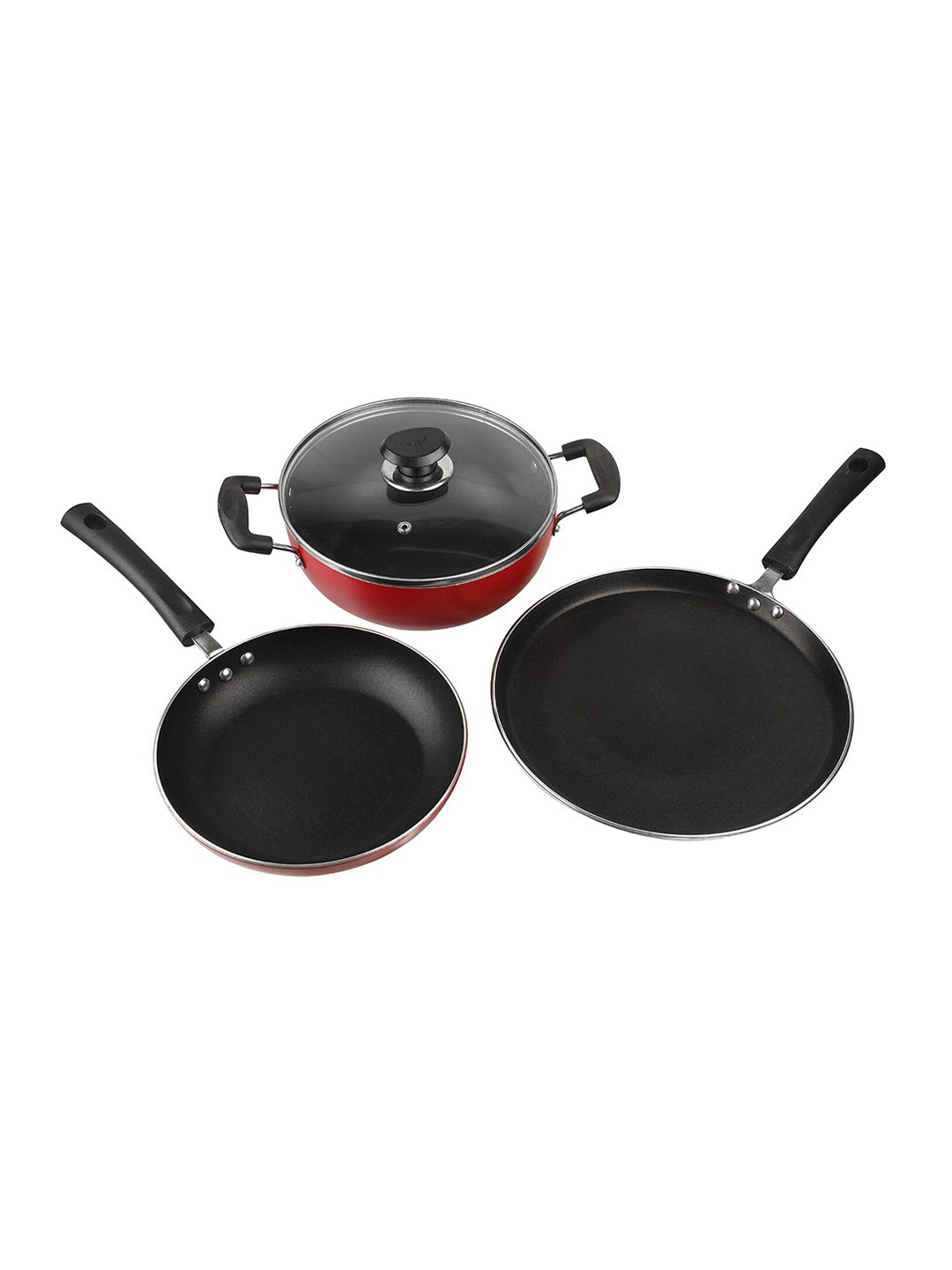 Vinod Set Of 3 Red & Black Solid Non-Stick Cookware Set Price in India