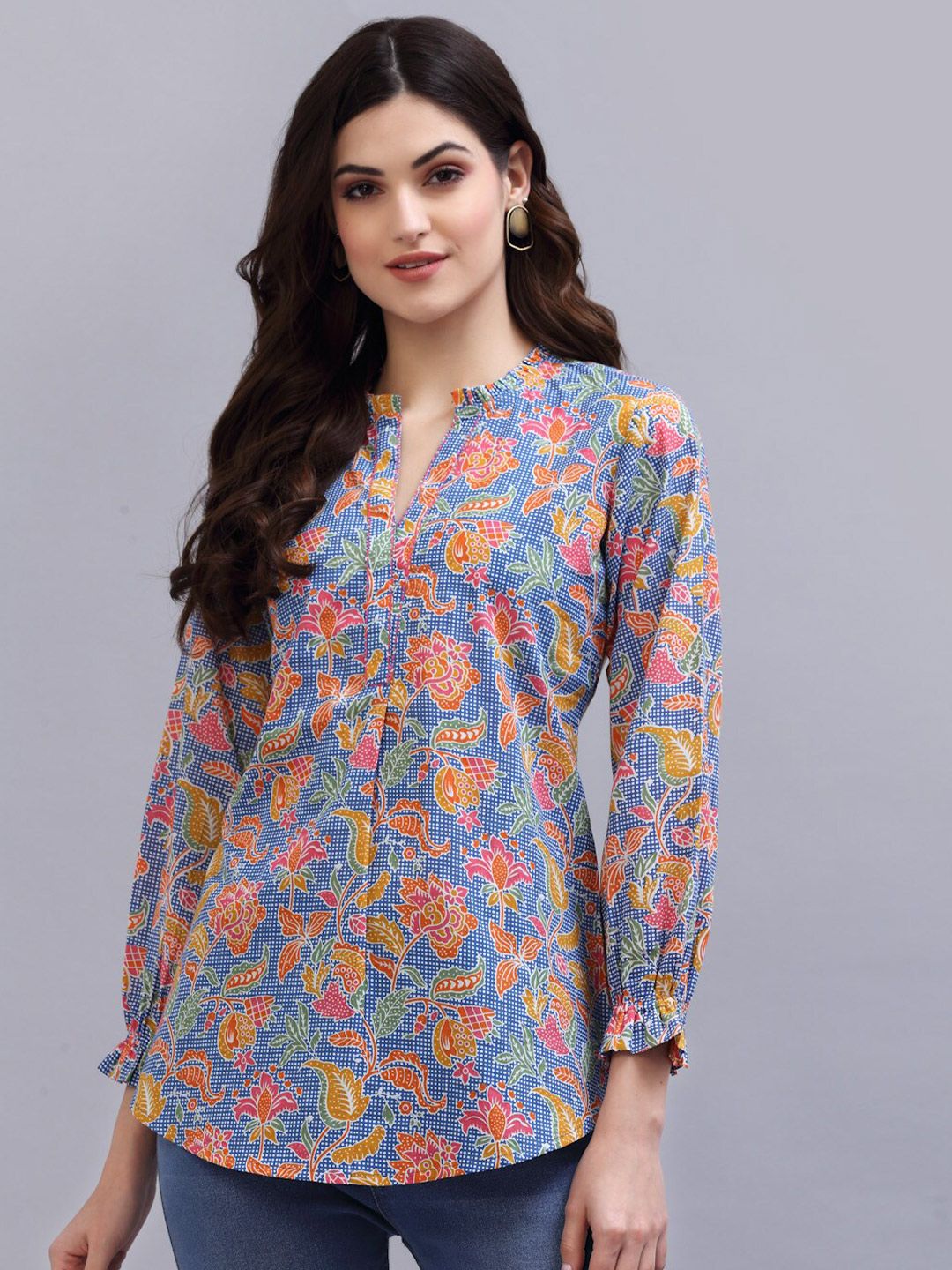 QOMN Women Blue & Orange Floral Printed Pure Cotton Top Price in India