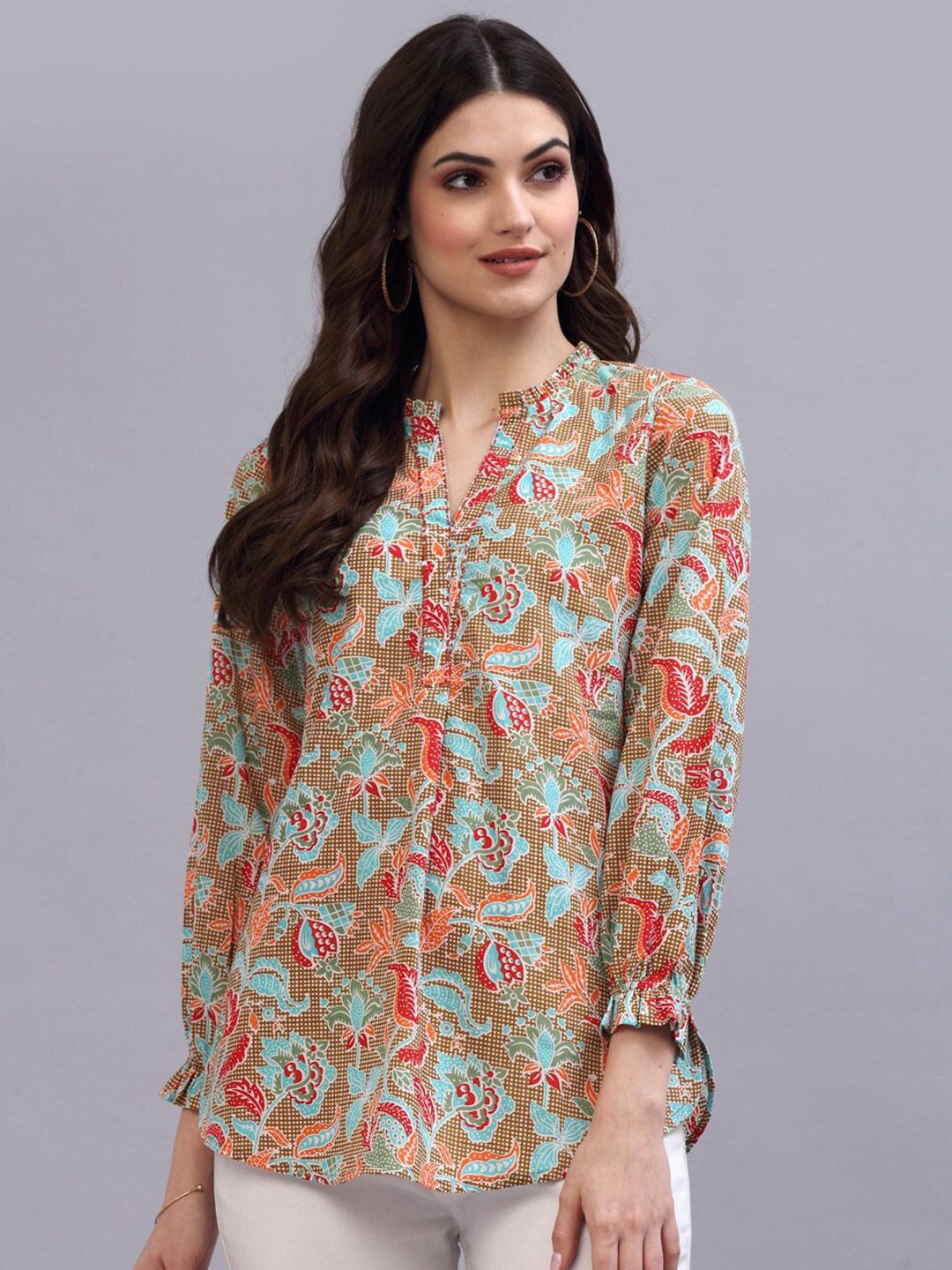 QOMN Women Khaki Printed Mandarin Collar Ruffles Shirt Style Top Price in India