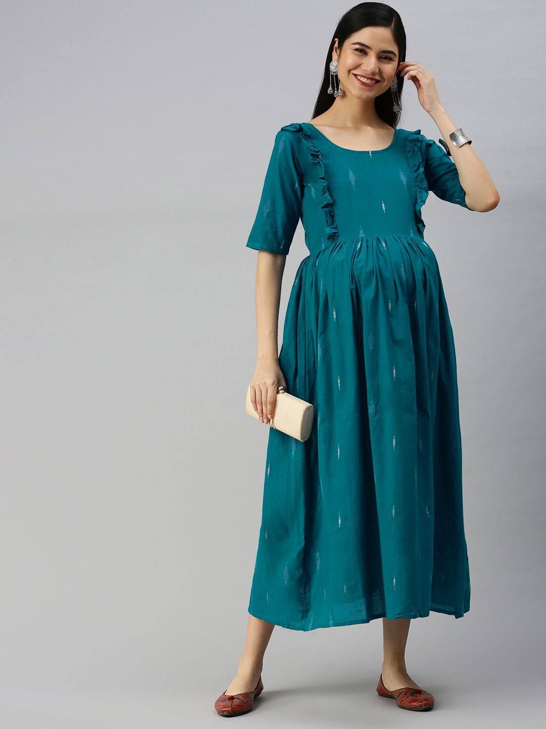 Swishchick Green Pure Cotton Ethnic Motifs Maternity A-Line Midi Dress Price in India