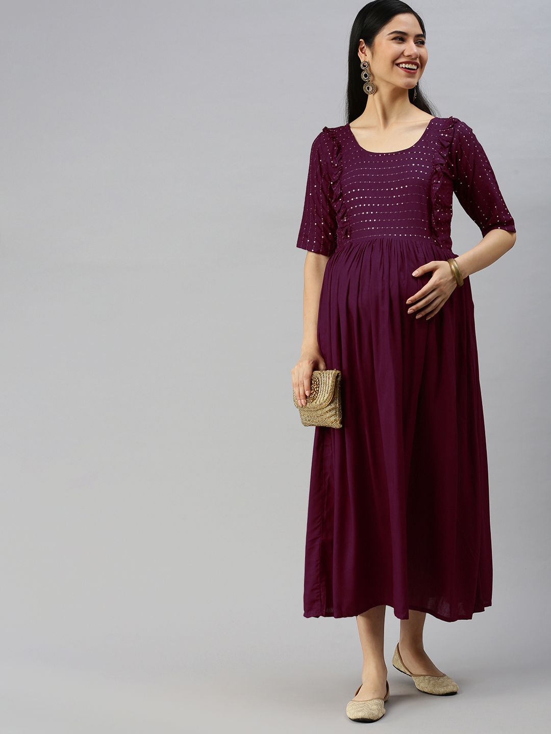 Swishchick Burgundy Maternity A-Line Midi Ethnic Dress Price in India