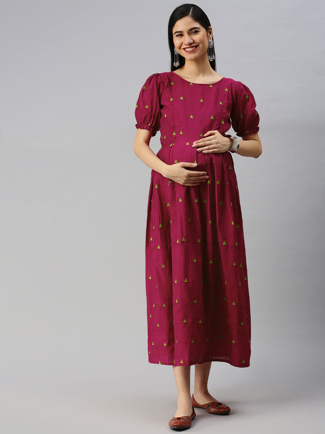 Swishchick Pink Pure Cotton Ethnic Motifs Maternity A-Line Midi Dress Price in India