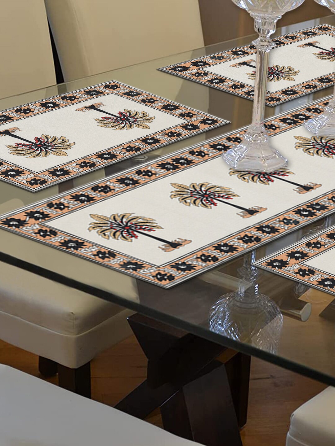 Kuber Industries Set of 7 Brown & White Printed Table Runner & Placemats Price in India
