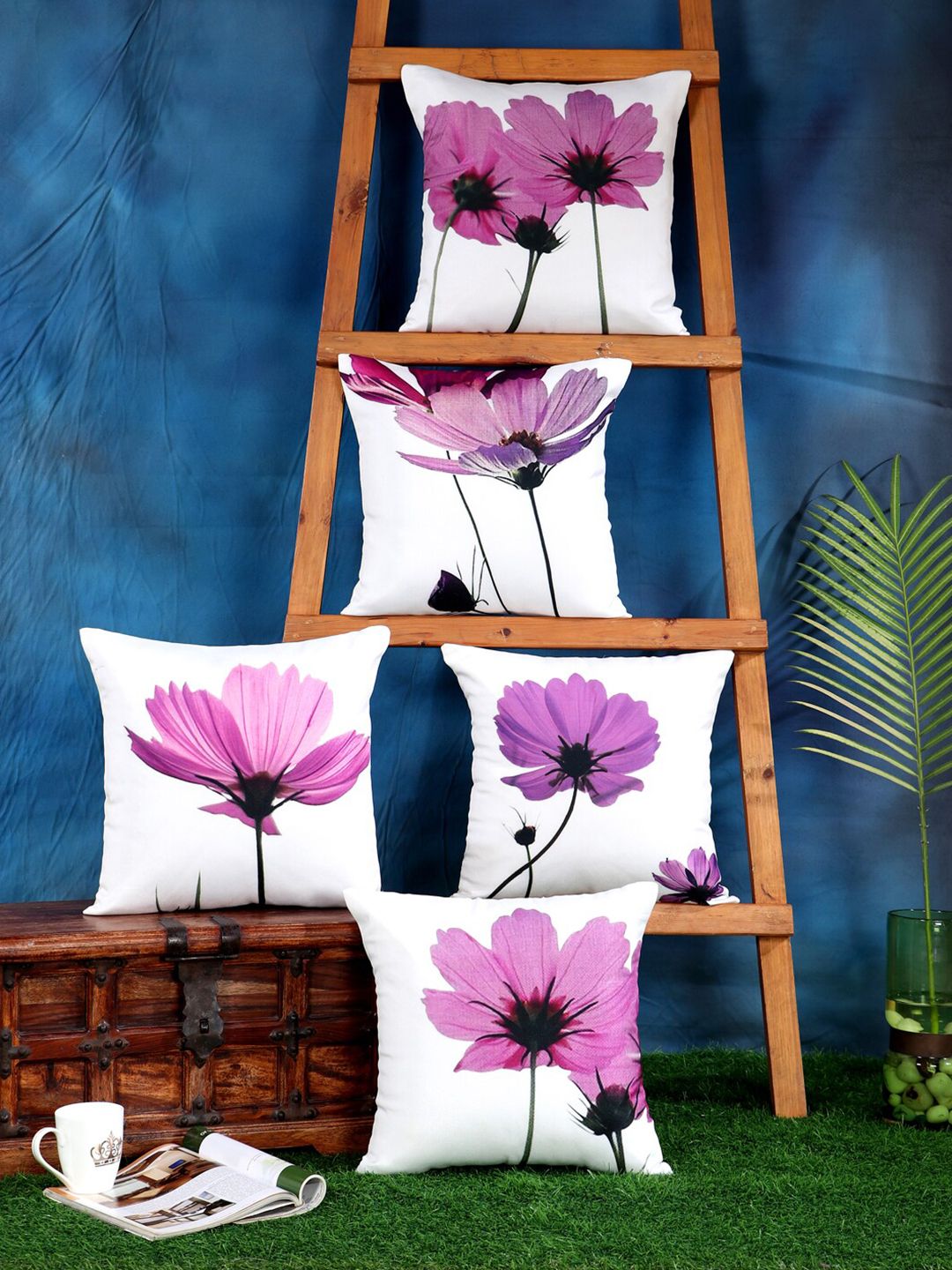 SOKNACK White & Purple Set of 5 Floral Square Cushion Covers Price in India