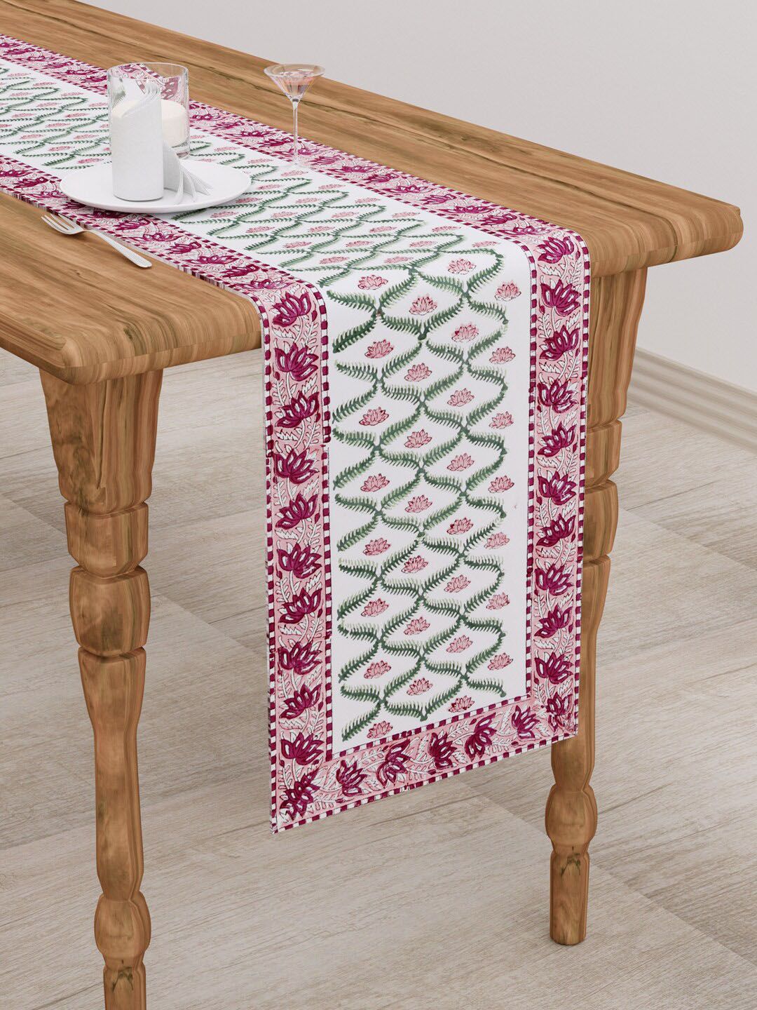 Gulaab Jaipur White & Magenta Floral Printed Cotton 6-Seater Table Runner Price in India