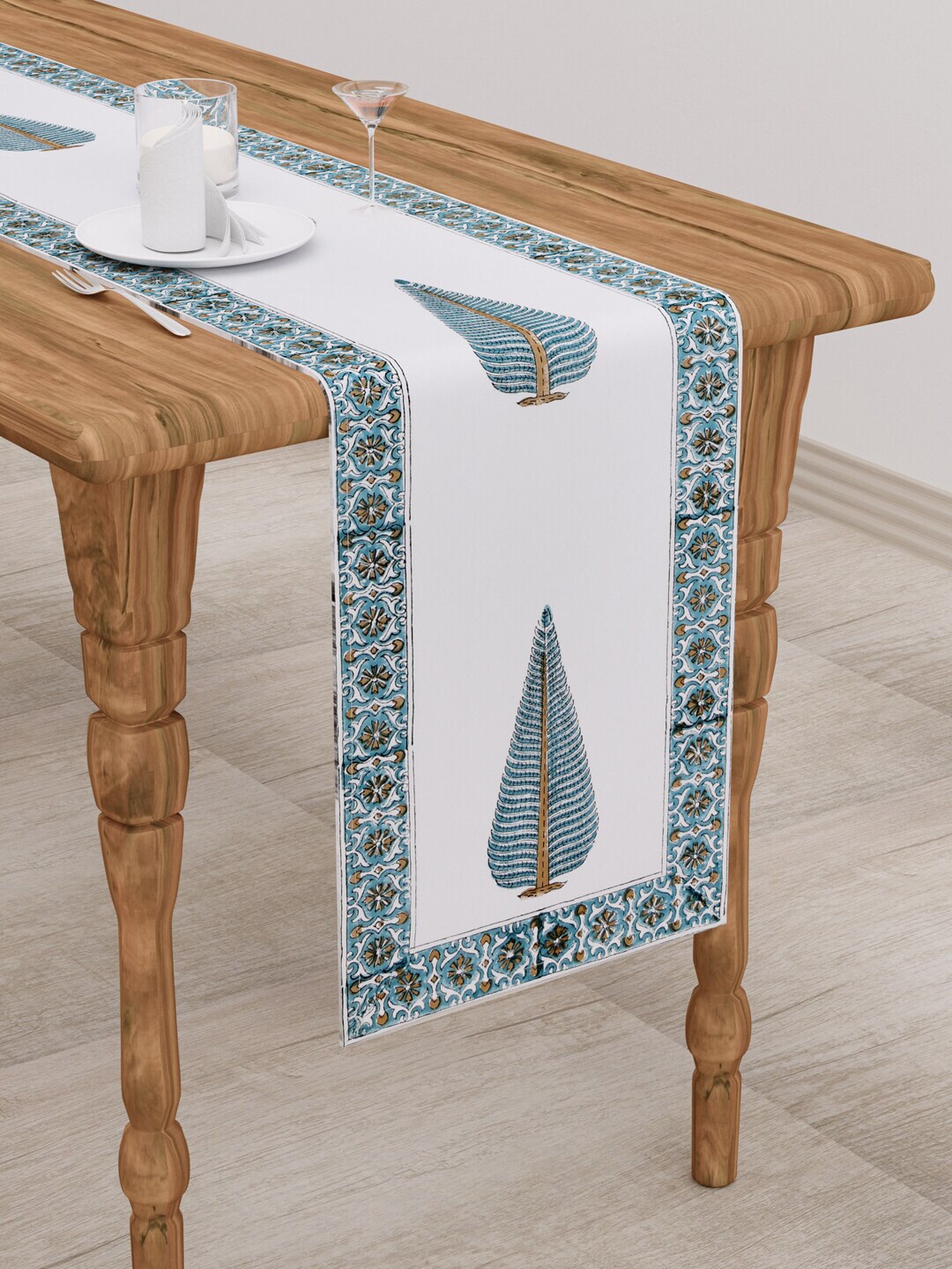Gulaab Jaipur White & Blue Handblock Printed 6-Seater Table Runner Price in India