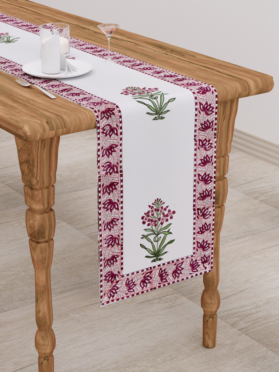 Gulaab Jaipur White & Pink Printed 6-Seater Table Runner Price in India