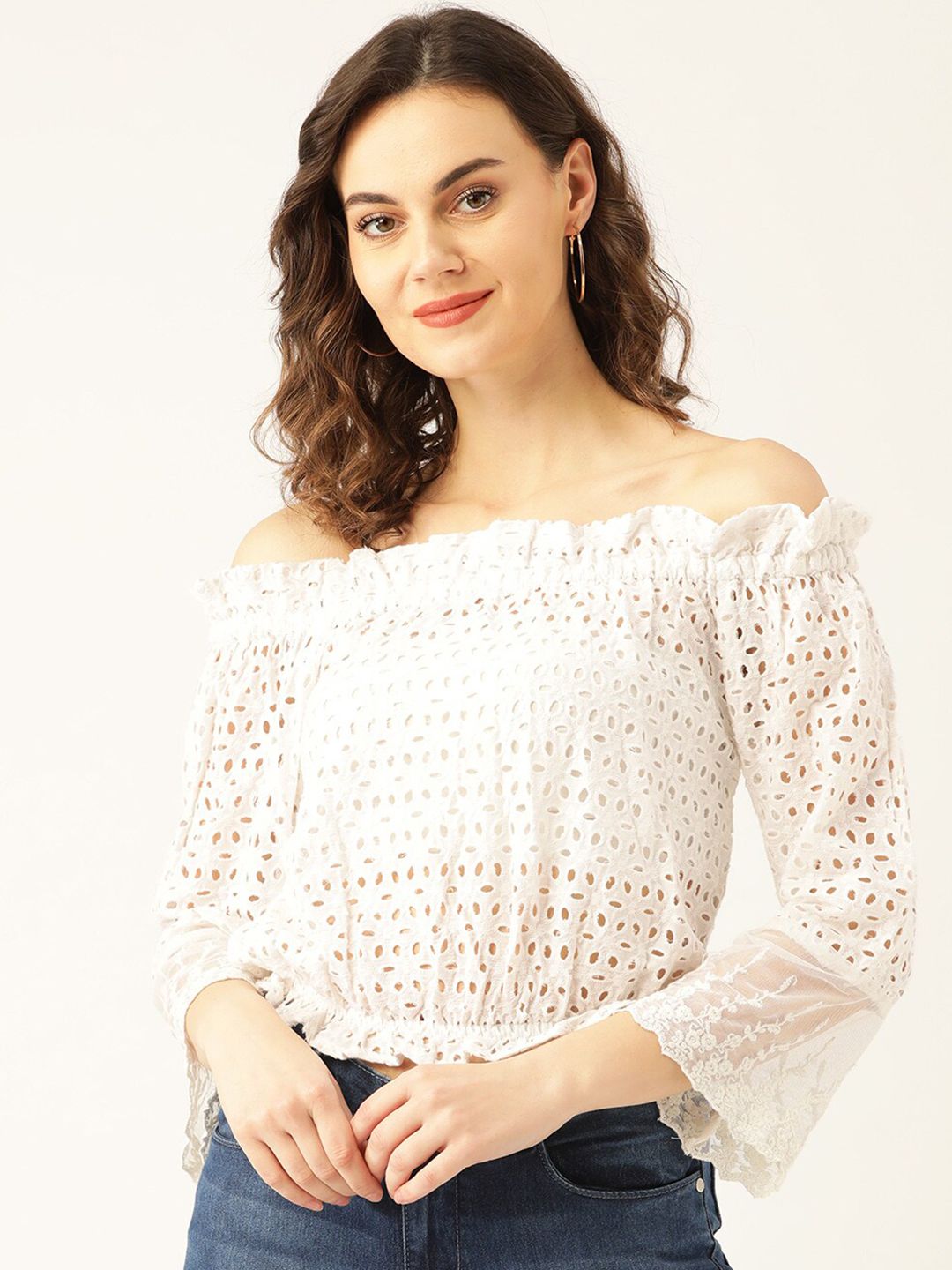 Marc Loire White Floral Off-Shoulder Bardot Crop Top Price in India